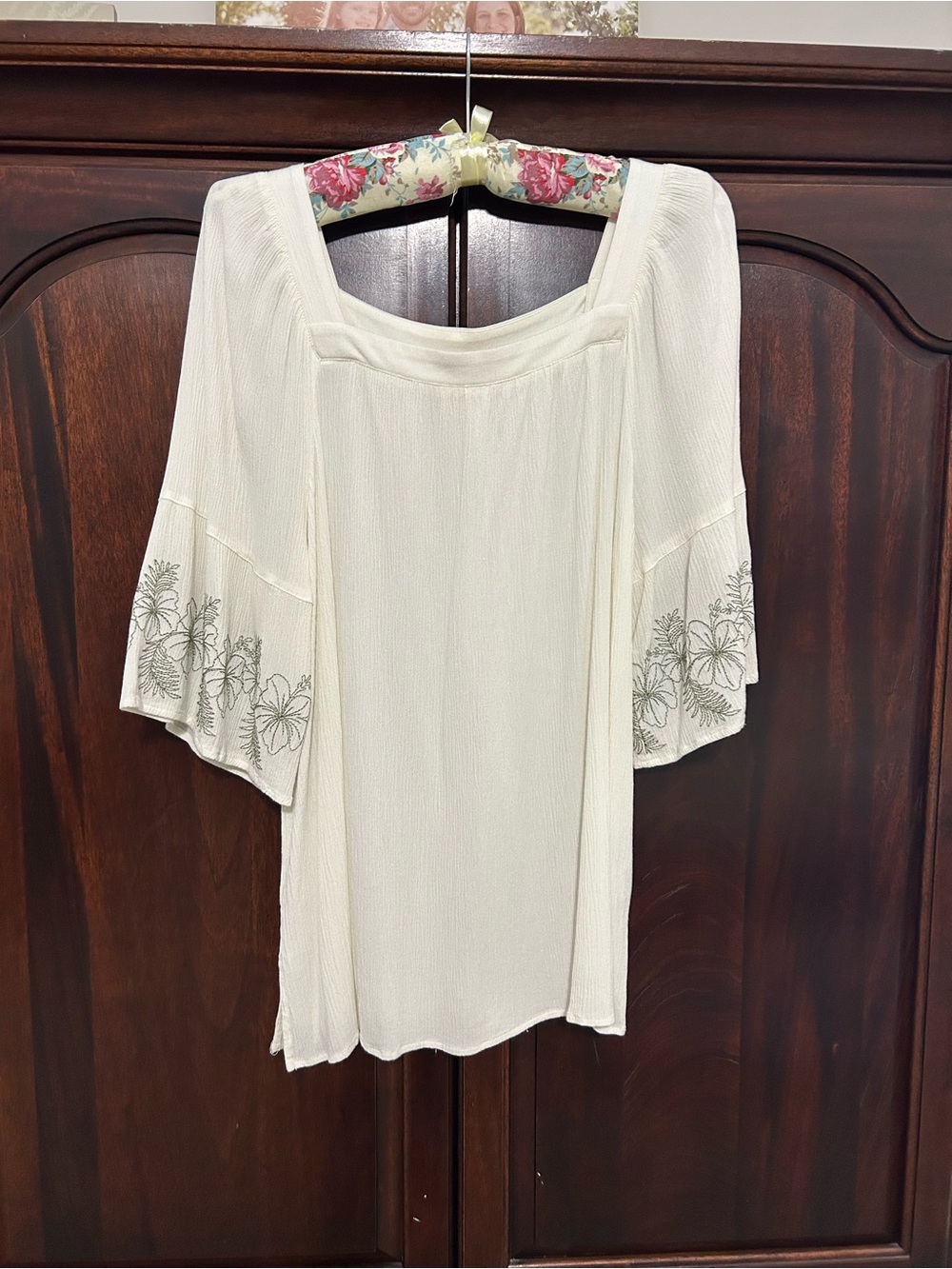 Ruby Rd. Cream Square-Neck Tunic with Floral Embroidered Bell Sleeves